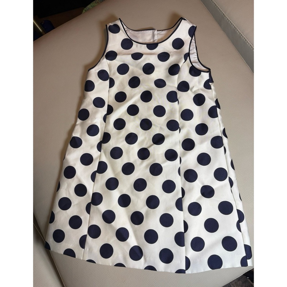 Girls 7 Tahari white/cream & navy blue polka dot dress w/ gold zipper pull EUC
